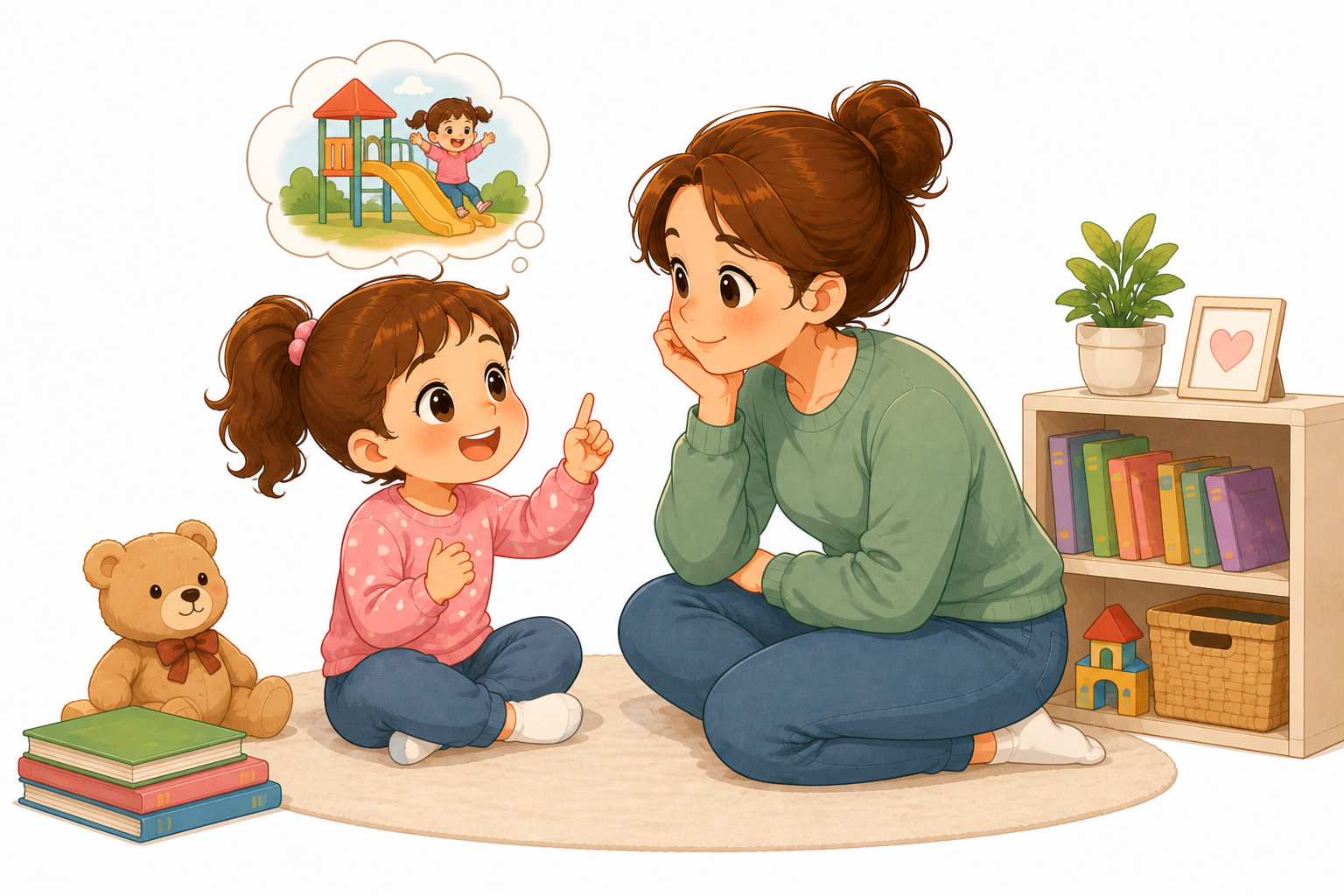 Cute cartoon illustration of a young child excitedly retelling a playground experience while her mother listens attentively. A thought bubble shows the child playing on a slide. White background.
