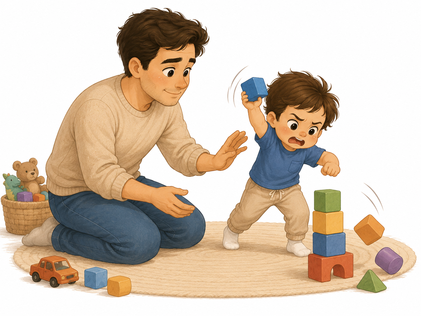 A father kneels beside his toddler son as the boy angrily raises a block near a tower of toys, showing a moment of big feelings and gentle parental support.