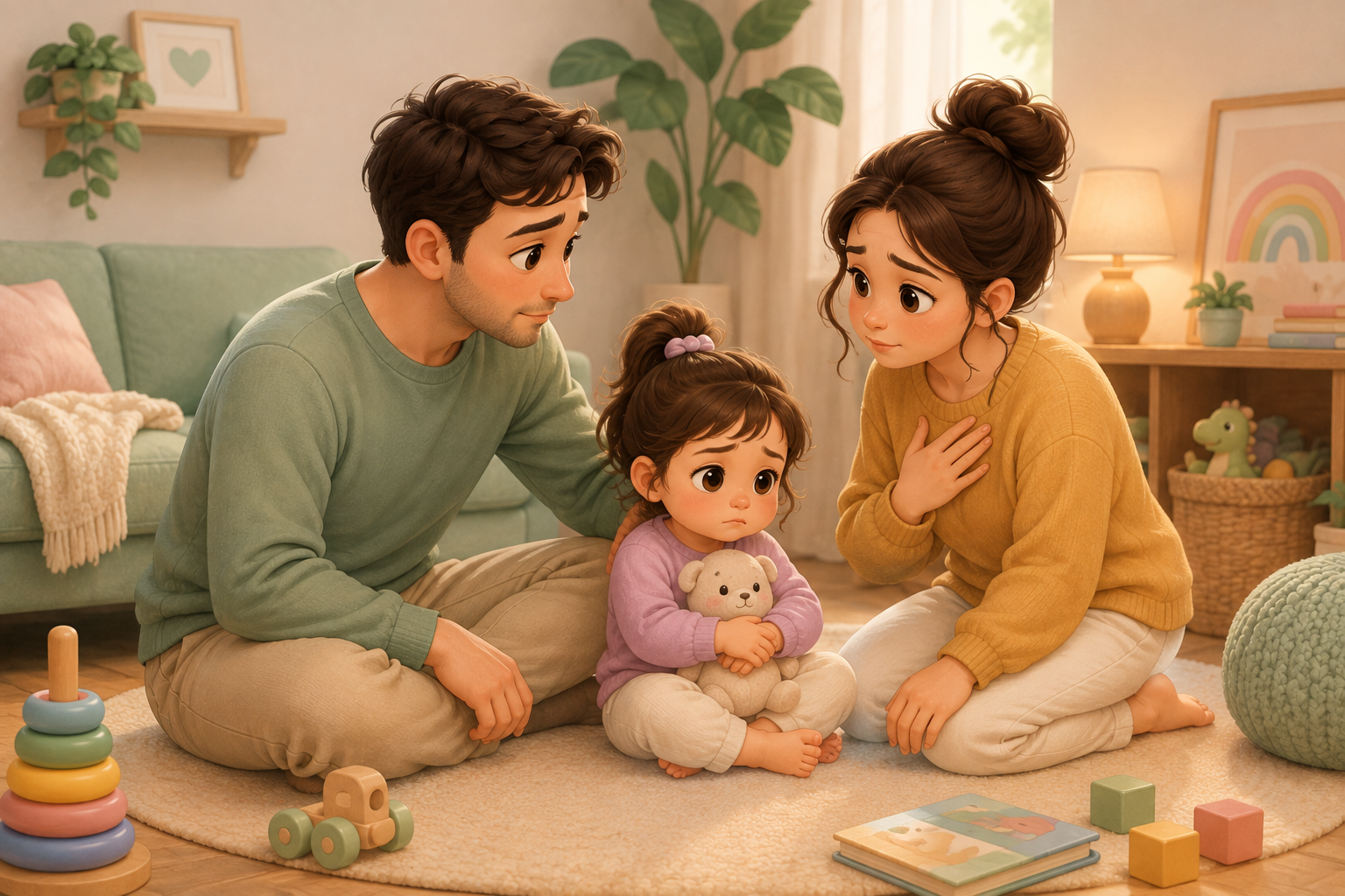Cute cartoon of parents calmly reconnecting with their young child after a difficult emotional moment at home.