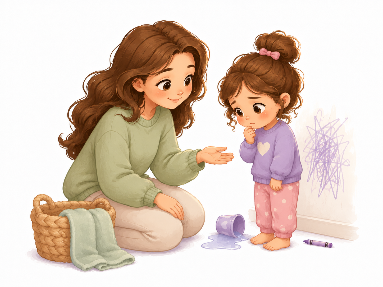 A mother calmly encourages her young child to tell the truth after a small mistake, with crayon marks visible on the wall.