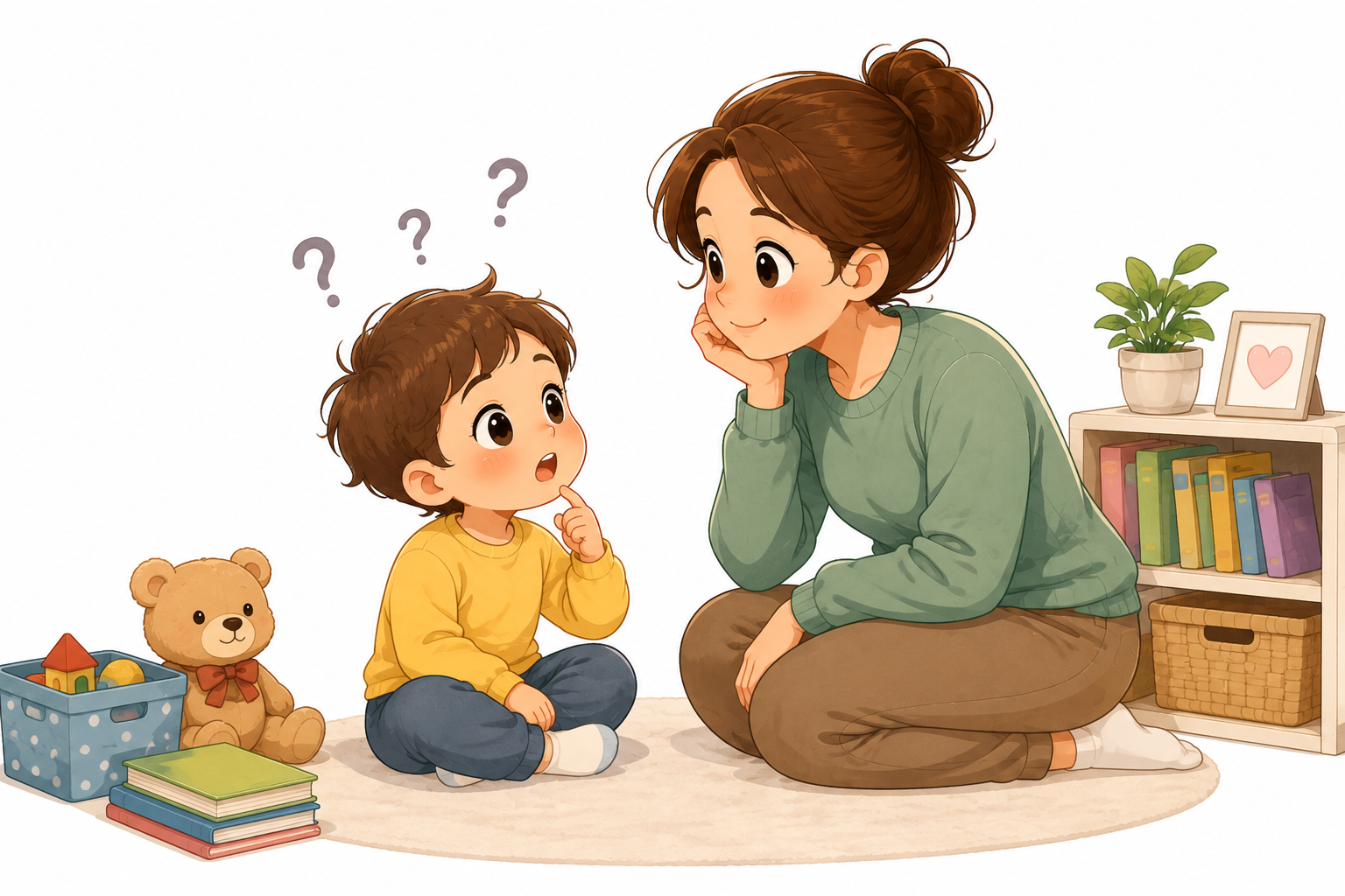A curious young child sits with question marks above their head while a mother listens patiently at eye level. Cute cartoon illustration on a white background showing repeated questions.
