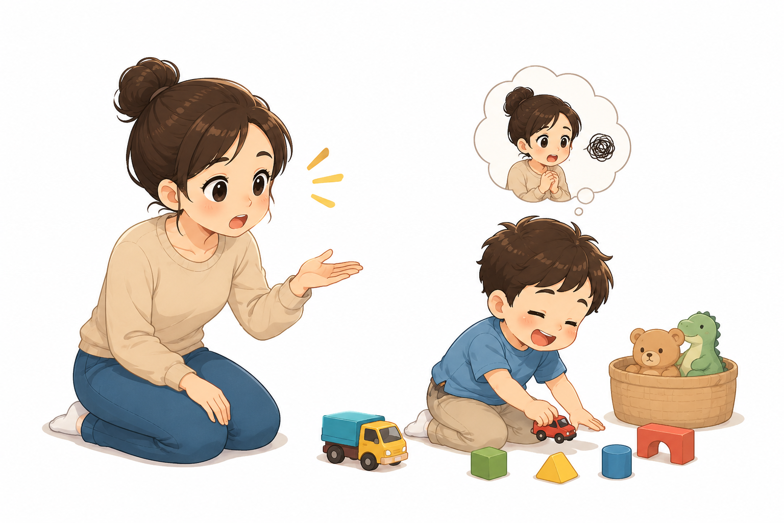 Cute cartoon illustration of a mother calmly talking to her toddler while the child remains focused on playing with toys. White background. Represents toddler attention, early listening skills, child