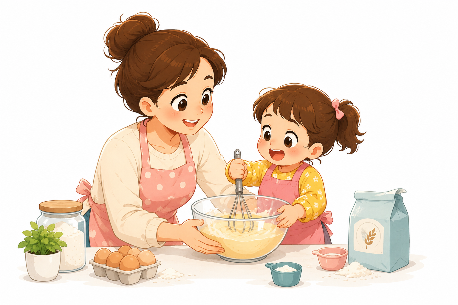 cartoon illustration of a mother and young child baking together as the child helps mix ingredients. White background. Represents encouraging independence, involving children in everyday tasks.